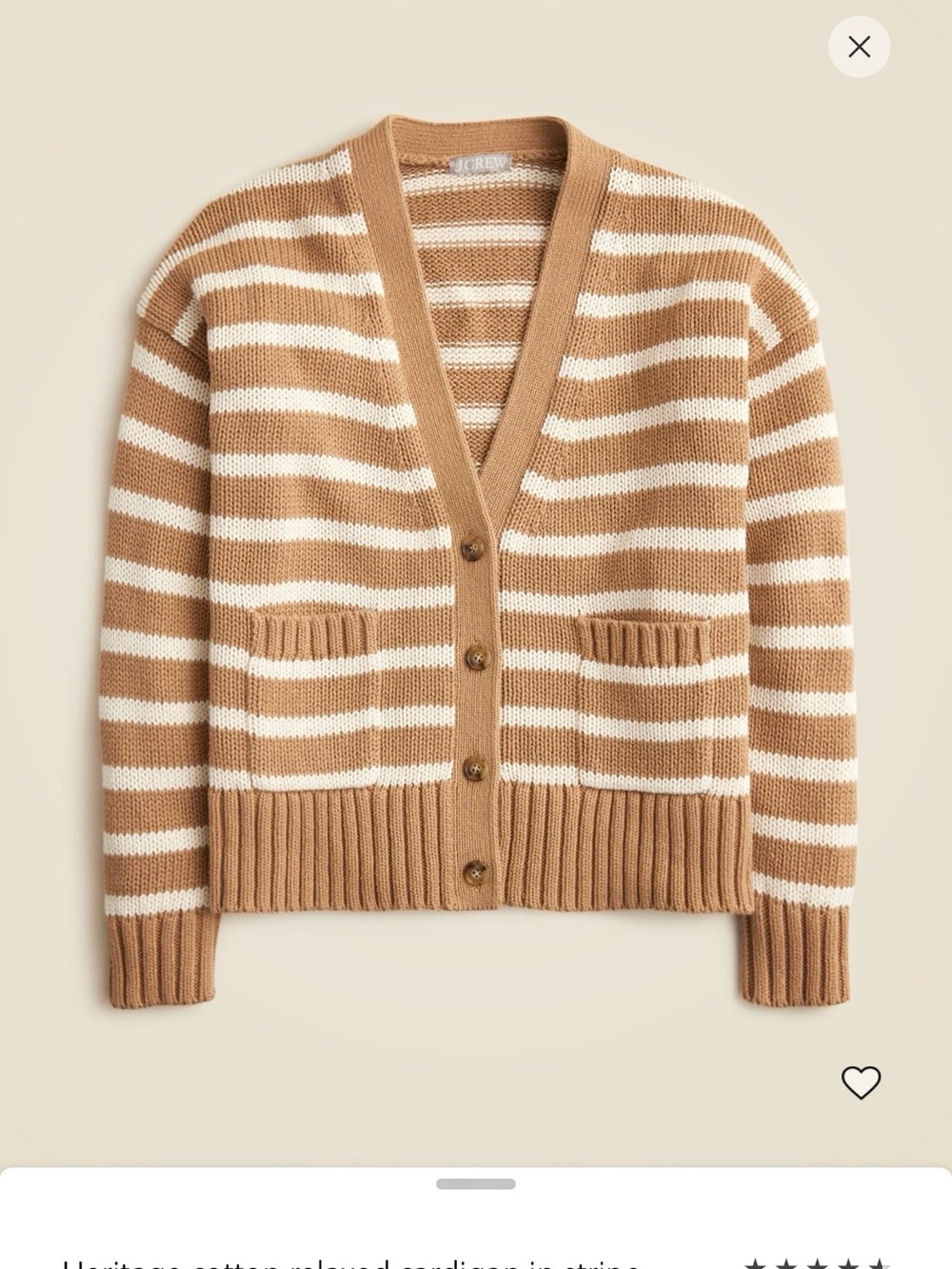 J. Crew Tan and Cream Striped V-Neck Cardigan. NWOT
